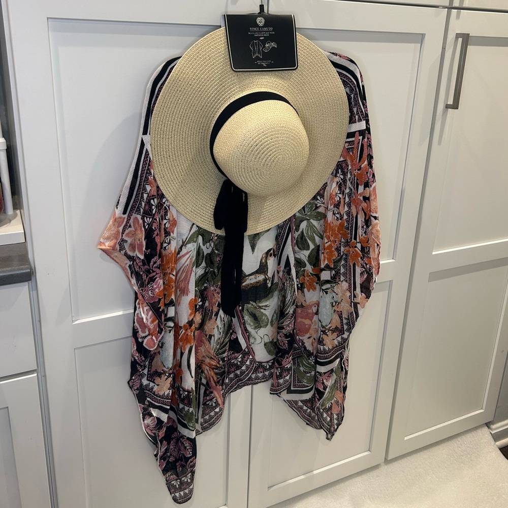 *New* Vince Camuto Tropical Style Ruana and Floppy Hat with Matching Band & Bow - Picture 2 of 8